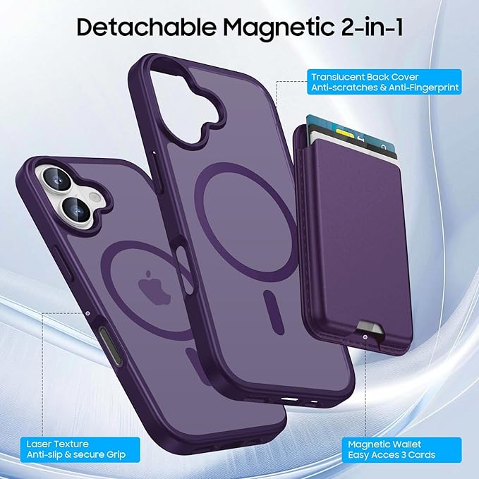 Ntwinro Magnetic for iPhone 17 Case (Compatible with MagSafe) with Detachable Wallet & Card Holder for 3 Cards [RFID Blocking] Military Grade Protective Slim Phone Cover, Purple