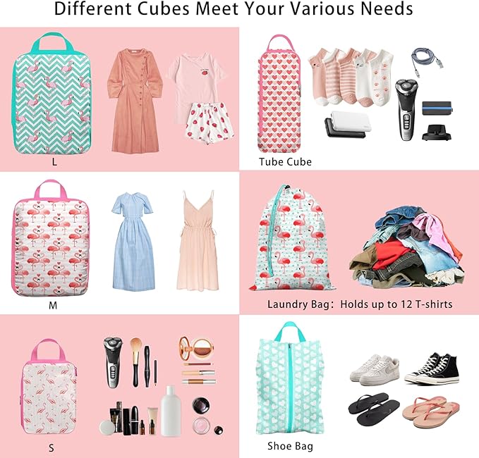 6 Pcs Compression Packing Cubes, Packing Cubes for Travel, Waterproof Luggage Organizer Bags Set, Cute Packaging Cubes for Women Kids Backpack Carry-Ons