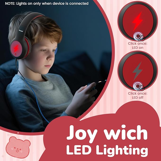 Kids USB C Headphones for School, 2025 Upgrade Safe Listening Wired Over-Ear Headphones with LED Lights, Volume Limiter & Microphone, Foldable Design for iPhone 16, iPad, Tablet (Black Red)