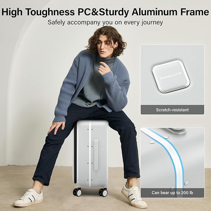 Hanke 20 Inch Carry On Luggage with Cup Holder and Charge,Top Opening Hard Shell Suitcases with Wheels and Dividers,Aluminum Frame Trunk Luggage Small Suitcase with Lock for Travel,Smoke White