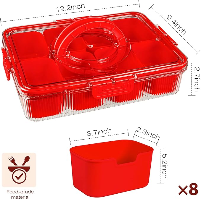 Patent Design Ribbed Snackle Box Container Divided Serving Tray with Lid and Handle -Charcuterie Container Portable Storage Organizer for Candy, Fruit, Beach, Picnics（1 pcs, Red）