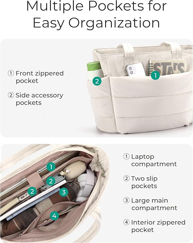 BAGSMART Tote Bag for Women, Lightweight Puffy Tote Bag with Compartments Shoulder Bag Handbag for Travel, Work, Gym