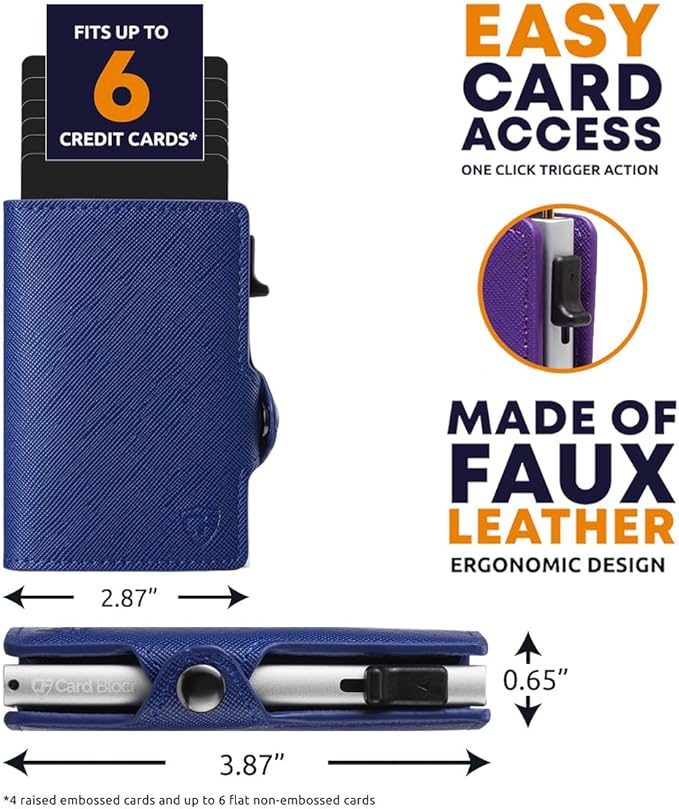 Womens Slim Wallet for Small Purses, Pop Up Wallet with Anti Theft RFID Blocking Credit Card Holder for Women in Navy Blue PU Saffiano