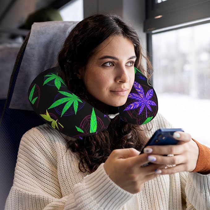 Comfortable Travel Pillow for Pain Relief Sleeping, Memory Foam Airplane Car Neck Pain Pillows Trippy Weedleaf Leaves Purple Black, Funny Chin Head Support Cushion