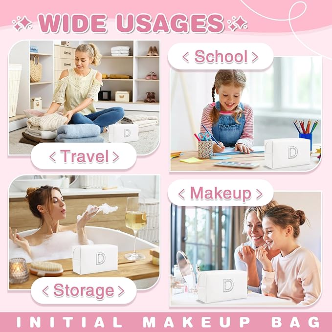 Bride Gifts – Personalized Initial Makeup Bag with Pearl Rhinestone Patch, Preppy White Monogram Cosmetic/Toiletry Pouch, bridesmaid Gifts, Bridal Shower Gifts, Wedding Gifts, Bridal Gifts,D