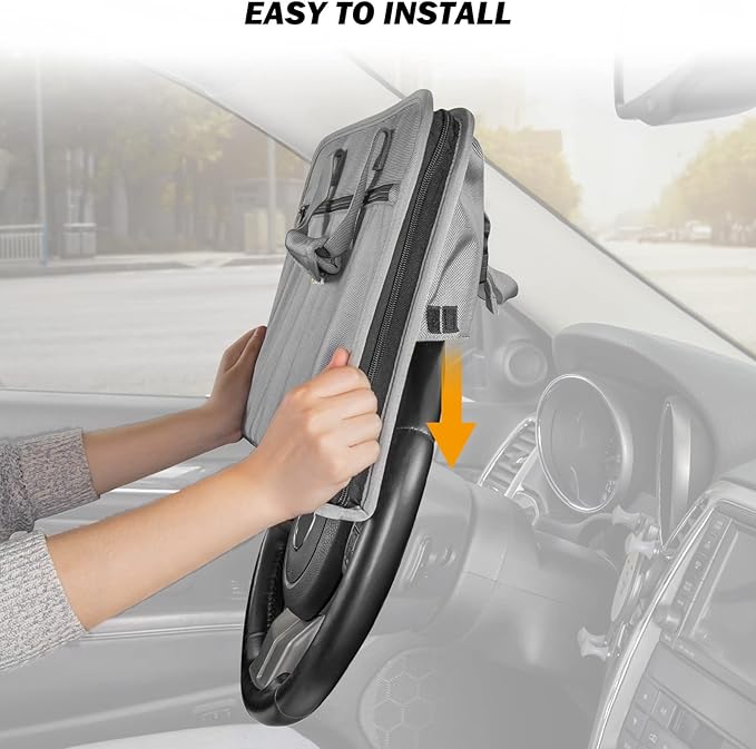 JOYTUTUS 3 in 1 Steering Wheel Eating Tray (Gray), Car Back Seat Laptop Desk, Multifunctional Office Bag, Car Work Table for Writing, Car Organizer for Kids, Commuters, Family