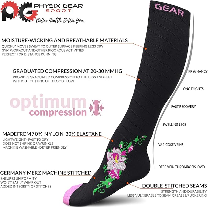Physix Gear Compression Socks 20-30 mmHg - Men & Women - Running, Nurses, Shin Splints, Flight, Travel