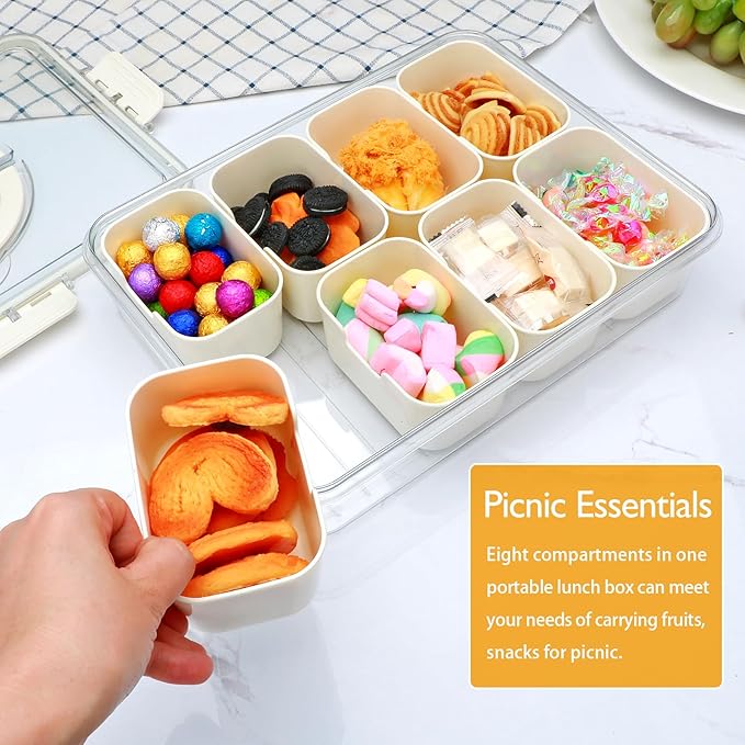 Divided Serving Tray with Lid and Handle,Snackle Box Containers with 8 Compartment,Portable Snack Serving Platters Reusable Storae Organizer for Fruits,Nuts,Candy,Party,Picnic,Veggies