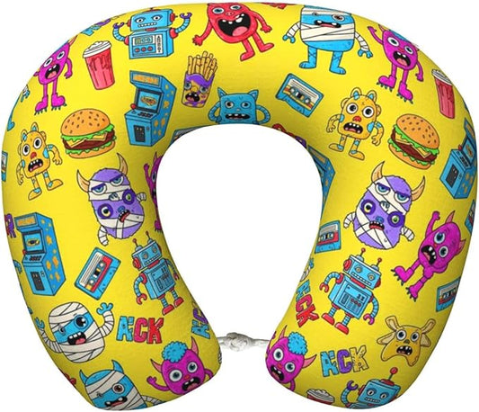 Comfortable Memory Foam Travel Neck Pillow, Funny Chin/Head Cushion Supporting Airplane Car Pillows Trippy Anime Monster Hamburger Drink for Sleeping Outdoors Travel Office