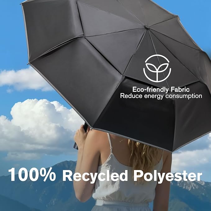 G4Free 42 Inch Eco Windproof Folding Umbrella for Rain & Sun 9 Ribs Wind Resistant Strong Fiberglass Double Canopy with Reflective Strip for Women Men Auto Open Close For Car & Backpack
