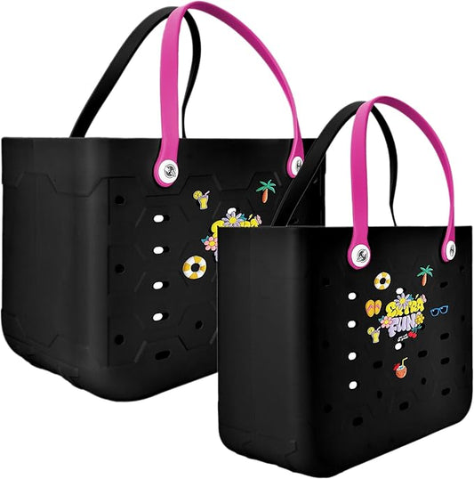 2-Piece Tote Bag Set, Waterproof Rubber Beach Bag with Summer Pattern, Medium & Large Handbag for Pool, Beach, Boat