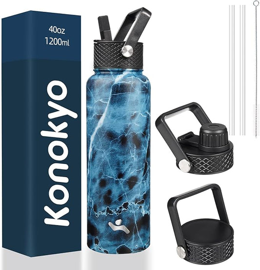 40oz Insulated Water Bottle Stainless Steel Sport Bottles with 3 Lids,Marble Ocean