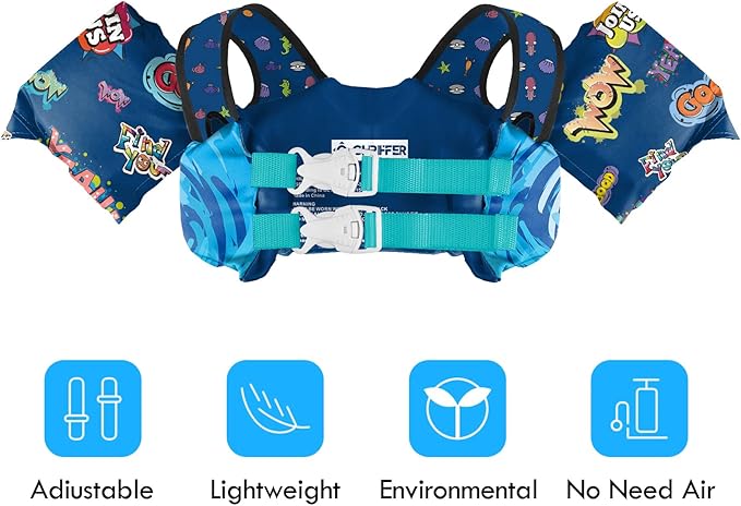 Chriffer Kids Swim Vest Life Jacket for 30-55 Pounds Boys and Girls, Toddler Floaties with Shoulder Harness Arm Wings for 2,3,4,5,6,7 Years Old Baby