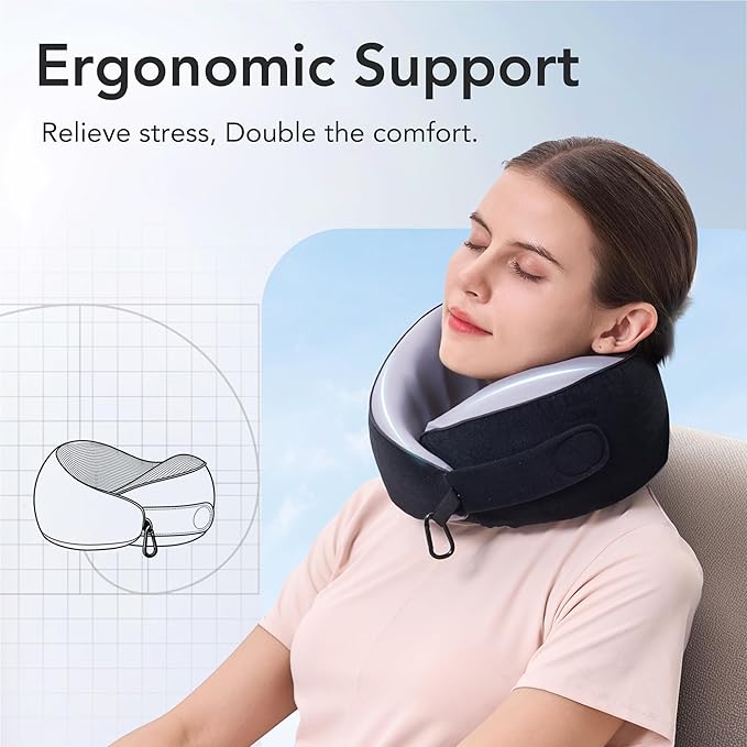 Travel Pillow, 100% Pure Memory Foam Travel Neck Pillow Airplane Neck Support Ergonomic Design for Traveling Suitable for Airplanes,Offices and Cars-Cooling Silk Black