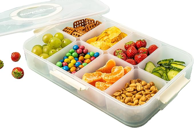 Snap and Stow Dishwasher Safe, Stackable,Snackle Box, Divided Snack Box Bowls, Charcuterie Tray with Lid, Veggie Containers with Lids, Reusable BPA Free Plastic (Transparent) (1 Tier 8 Compartments)