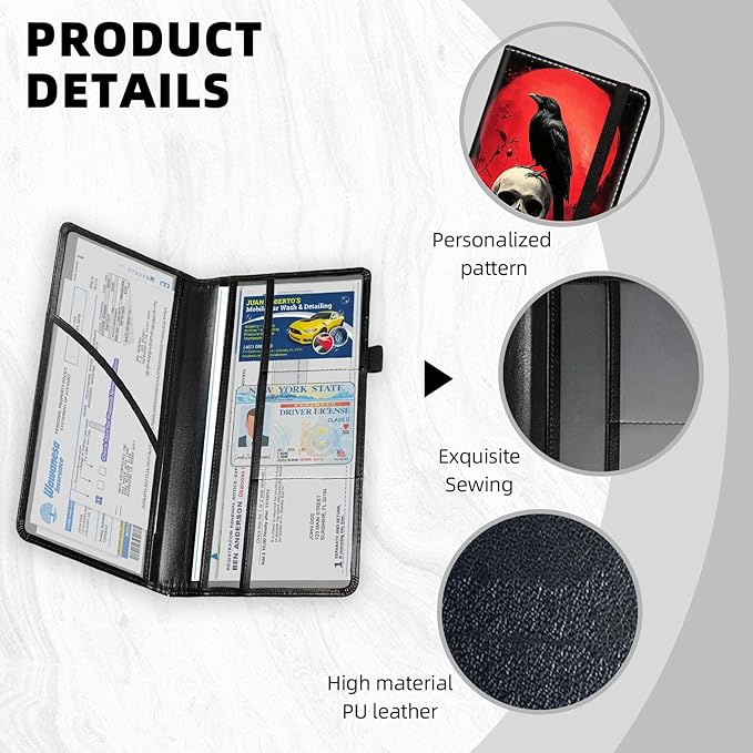 Car Registration and Insurance Holder PU Leather Vehicle Insurance and Registration Holders Wallet Case with Elastic Band Closure for ID Card, Driving Licence, Skull Crow Red Moon