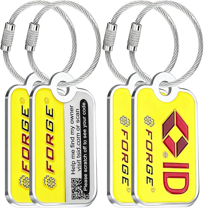 Forge Lost and Found Luggage Tags, Global Luggage Tracking Tag, WorldTracer Compatible, Travel Sentry Powered Baggage ID System for Luggage, Bags, Suitcases, and More (Yellow 4 PK)