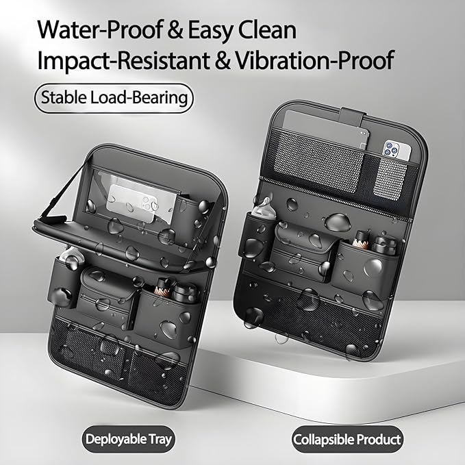 FASTAGEI Universal Foldable Car Backseat Organizer with Table Tray, Car Seat Back Protector with Touch Screen Phone Holder, Premium Leather Kick Mats with Storage Pockets Tissue Holder (Black)