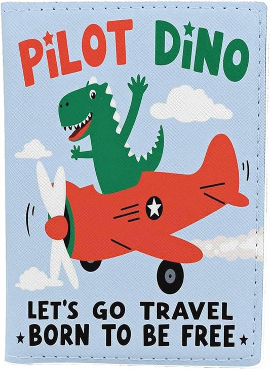 Cartoon Dino Passport Holder for Travel Plane and Dinosaur Print PU Leather Passport Cover Wallet Cute Passport Card Holder for Women and Men