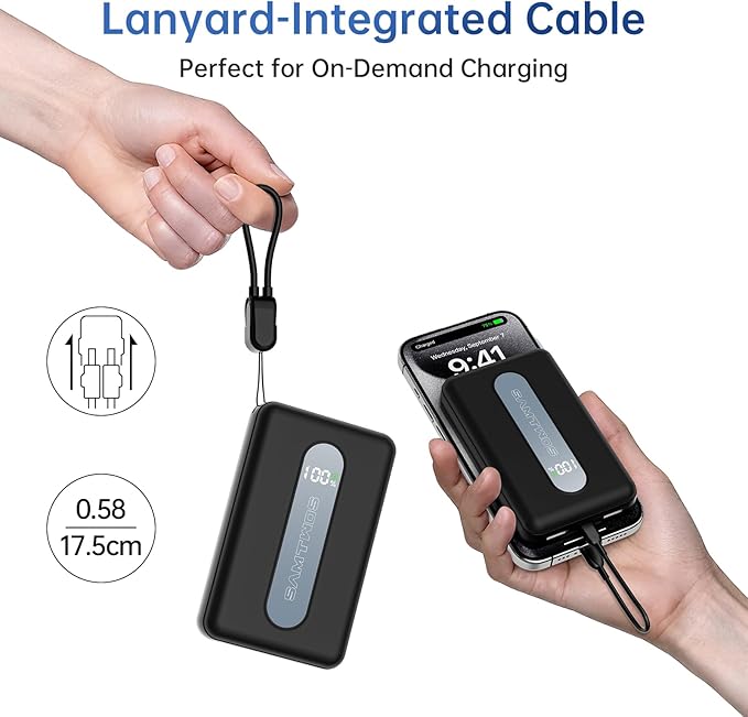 SAMTWOS 5V/2A Portable Charger 20000 mAh for Heated Vest,Jacket,Staium Seats,Pant,Camping Chair,22.5W Fast Charing Power Bank Bulit-in USB-C Cable andd Lanyard Battery Pack for iPhone,iPad,Anddroid