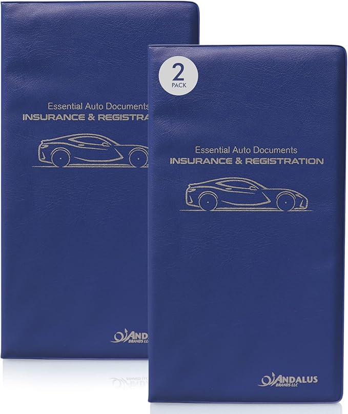 Andalus Auto Registration & Insurance Card Holder Pack of 2, Waterproof Essential Car Registration Holder with Hook & Velcro Closure, Perfect for Every Vehicles Glove Boxes (Blue - 9.5" x 5.15")