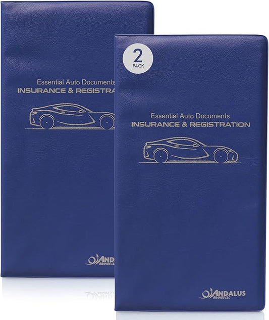 Andalus Auto Registration & Insurance Card Holder Pack of 2, Waterproof Essential Car Registration Holder with Hook & Velcro Closure, Perfect for Every Vehicles Glove Boxes (Blue - 9.5" x 5.15")