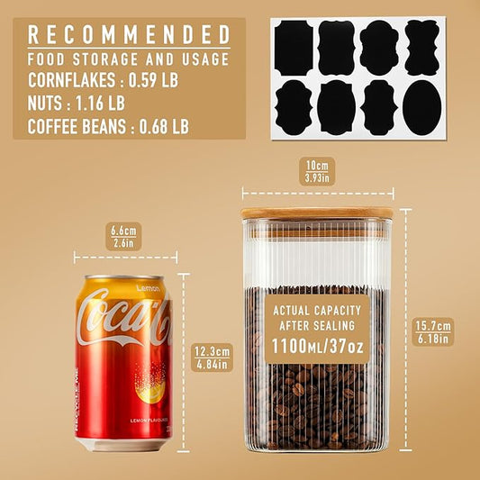 D2scrma 37oz Airtight Glass Square Storage Canisters with Bamboo Lids Set of 6 (1100ml) Striped Stackable Containers, Decorative Kitchen Jars for Tea, Nuts and Coffee (‎with Black Lable)