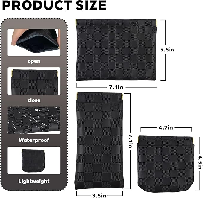 3PCS Small Makeup Bag for Women, Mini Cosmetic Bags Leather Pocket Pouch Purse,Snap Closure Waterproof Portable Bag,Checkered Storage Travel Bag for Lipstick Change Glasses Coin Cards (Black)