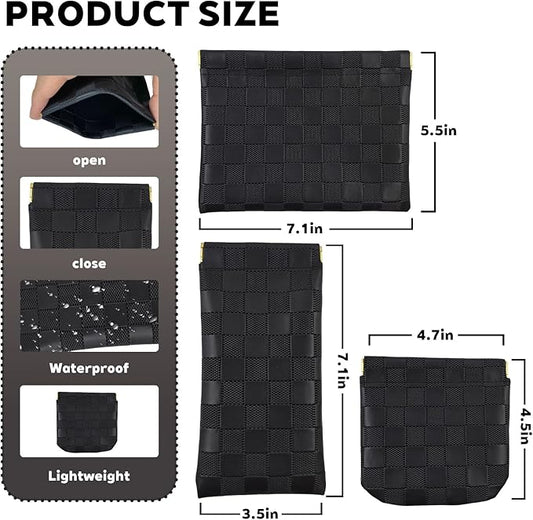 3PCS Small Makeup Bag for Women, Mini Cosmetic Bags Leather Pocket Pouch Purse,Snap Closure Waterproof Portable Bag,Checkered Storage Travel Bag for Lipstick Change Glasses Coin Cards (Black)