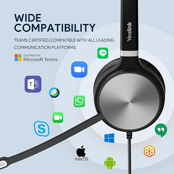 Yealink UH36 Professional USB Headset, Wired Headphones for Work Calls and Music, Headset with Noise Cancelling Mic for Computer PC Laptop（for Teams Certified, Mono,3.5mm Jack/USB Connection）
