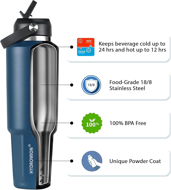 HYDROWION 32 oz Insulated Water Bottle, Car Water Bottle Holder - Double Wall Vacuum Insulated Travel Bottle with Straw Lid, Spout Lid and Flex Cap - Cold for 24H, Hot for 12H, Cobalt