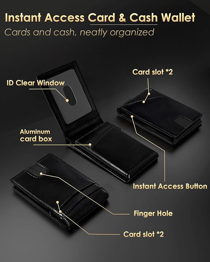 Wallet for Men - RFID Blocking [Functional & Practical] Bifold Slim Minimalist Credit Card Holder Pop Up Metal Case with Cash Slot, Front Pocket with ID Window, Gift Boxed (BLACK)