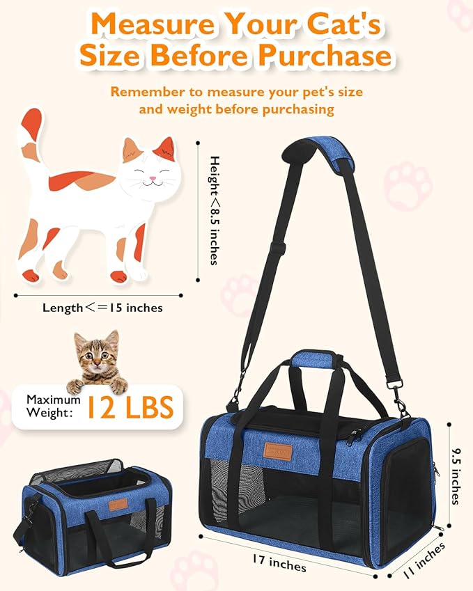 PETUX TSA Approved Pet Carrier in Cabin - 17"x11"x9.5", Underseat, Soft Sided Cat Carriers with Safety Zippers and Anti-Scratch Mesh for Small Cat up to 12 lb, Ideal for Travel and Vet Visit, Blue