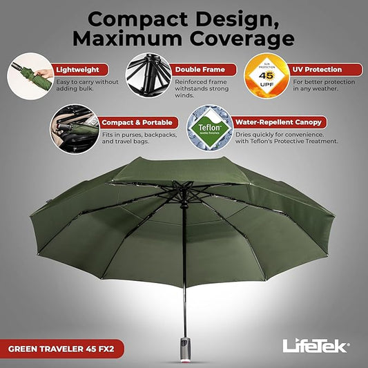 LifeTek Premium Travel Umbrella - Windproof & Compact for Men & Women, Automatic Open Close, Fits in Purse Laptop Bag or Backpack, Strong Frame for Heavy Rain & Sun UV Protection