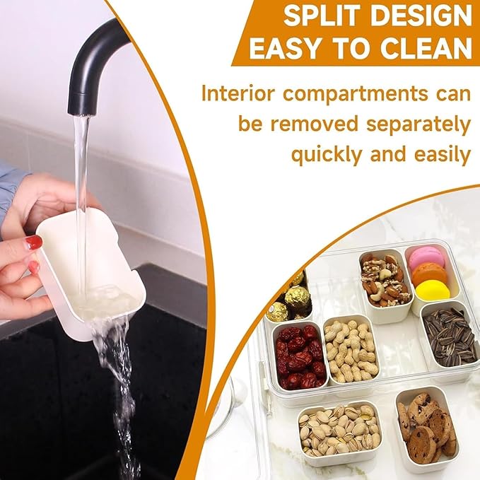 Snackle Box Container, Divided Serving Tray with Lid and Handle, Portable Charcuterie Board for Portable Snack Platters, Clear Organizer for Candy, Fruits, Nuts, Snacks, Perfect for Party, Travel