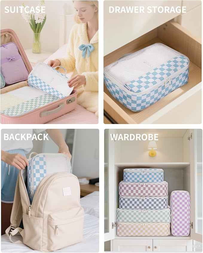 Narwey 7 Set Checkered Packing Cubes for Travel Carry on Suitcase Luggage Organizer Bags for Kids Women Men, Durable Packing Organizers Bag, Travel Essentials Accessories (Combined Checkerboard)