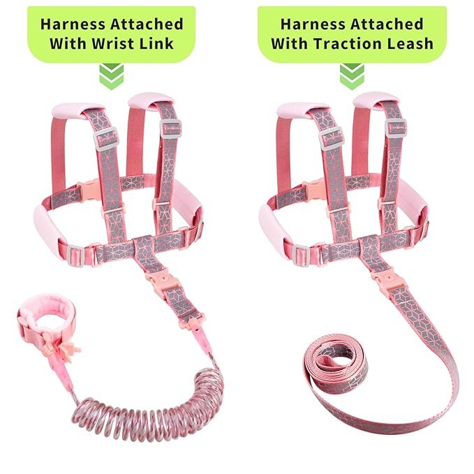 Toddler Leash Harness Backpack 4-in-1, Anti Lost Wrist Link & Safety Strap for Kids Boys Girls, Reflective Adjustable Baby Walking Belt for Park Zoo Travel, Child Cute Reins (Pink)