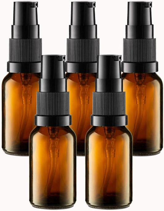 5 Pack Empty Refillable Glass Amber Pump Bottle Ideal for Lotion Cream Essential Oil Travel Small Container,15ml