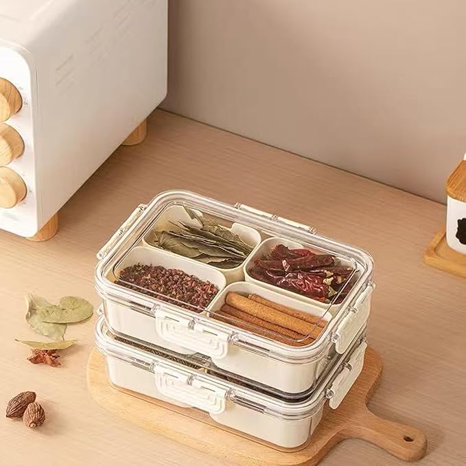 Snackle Box Container,Portable Snack Containers,SnackleBox 4 Compartments,Portable Snack Platter,Clear Organizer for Fruits Snacks Trays,Nuts Candy Trays and Spice Organizer