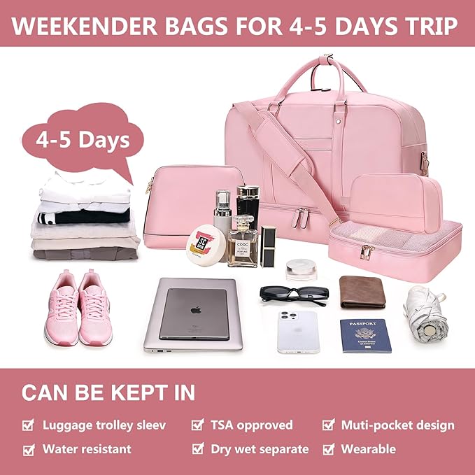 4PCS Leather Duffle Bags, Weekender Bag for Women Men, Large Travel Duffel-Overnight Bag with Toiletry, Makeup, Shoulder Bag, Faux Leather Carry On with Shoe Compartment (Pink)