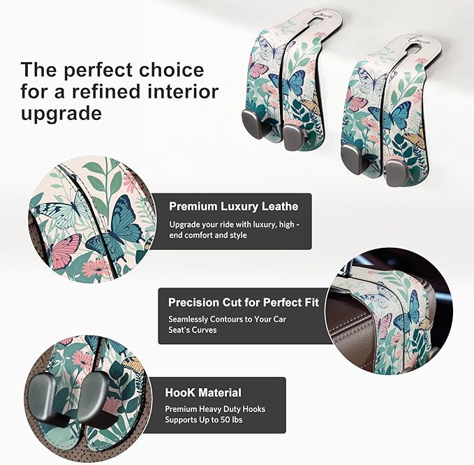 CoBak Purse Hook for Car - Universal Premium Stitched Leather and Aluminum-Magnesium Alloy Double Car Seat Back Storage Hook for Purses, Handbags, Bags (2 Pack),Whipering Garden