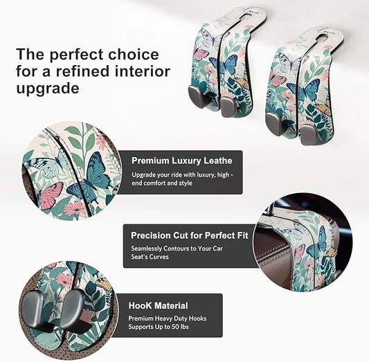 CoBak Purse Hook for Car - Universal Premium Stitched Leather and Aluminum-Magnesium Alloy Double Car Seat Back Storage Hook for Purses, Handbags, Bags (2 Pack),Whipering Garden