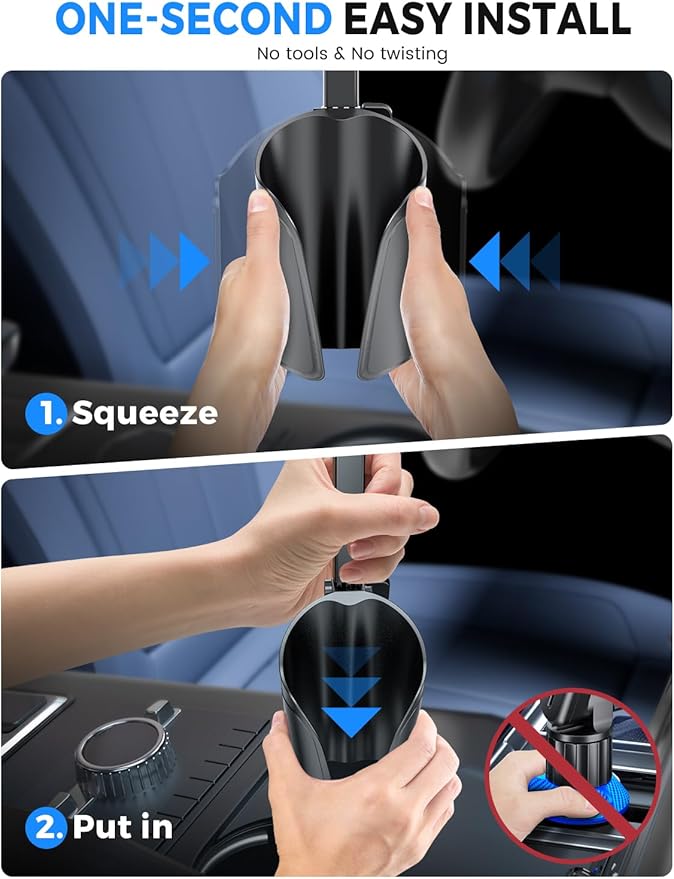 eSamcore Cup Holder Phone Holder, Unobstructed Cup Holder Phone Mount for Your Car Cupholder (2.5"-4") with Flexible C-Shaped Base, 360° Swiveling, 0.8" Deep Clamp Compatible with iPhone 4.7"–7"