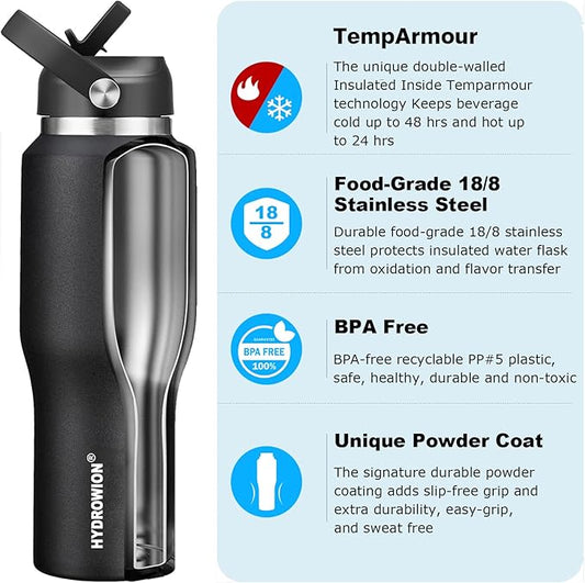 HYDROWION 40 oz Insulated Water Bottle with Straw fit in Car Cup Holder(Cold 48 hrs, Hot 24 hrs) Drinking Bottle with Straw Lid, Spout Lid and Flex Cap Leakproof Travel Thermo Mug，Black