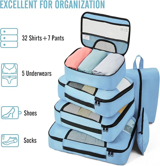 Veken 8 Set Packing Cubes for Travel Essentials, Suitcase Organizer Bags in 4 Sizes, Carry-On Luggage Accessories with Large Laundry & Hanging Toiletry Bag, Must-Have for Airplane, Road Trip & Camping
