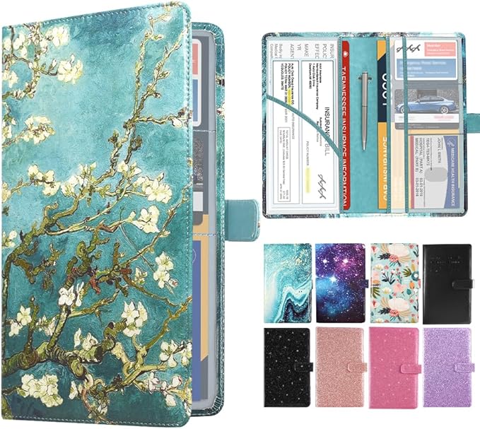 DMLuna Car Registration and Insurance Holder, Leather Vehicle Card Document Glove Box Organizer, Auto Truck Compartment Accessories for Essential Information, Driver License Cards, Almond Blossom