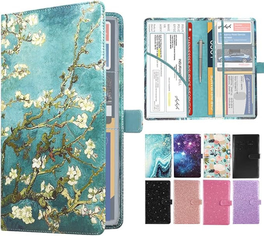 DMLuna Car Registration and Insurance Holder, Leather Vehicle Card Document Glove Box Organizer, Auto Truck Compartment Accessories for Essential Information, Driver License Cards, Almond Blossom