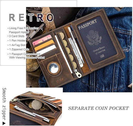 CONTACTS Full Grain Leather Airtag Passport Holder RFID Blocking Travel Passport Wallet Slim Passport Cover Case with 4 Card Slots, Coin Pocket with Badge