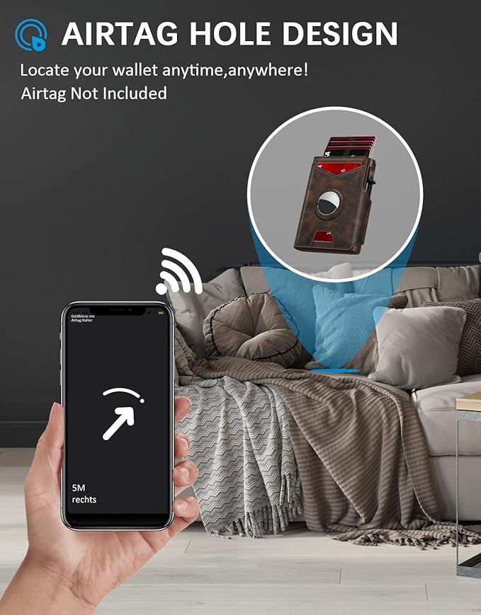 Airtag Wallet for Men, Minimalist Slim Mens Wallet Smart Pop Up Credit Card Holder for 9-13 Cards, RFID Blocking Wallet with ID Window & Cash Slot, Compact Bifold Metal Aluminum Card Case