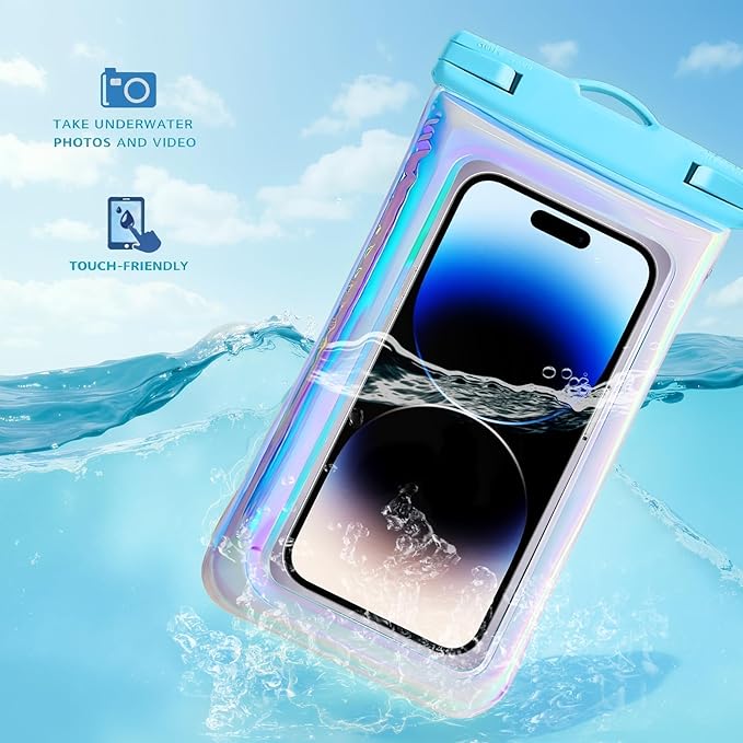 Floatable Soap Bubble Waterproof Phone Pouch/Case with Crossbody Lanyard for iPhone 17 16 Pro Max/15 Pro/14/13/12, IP68 Cellphone Dry Bag Beach Cruise Ship Essentials,Iridescent Blue,1 Pack